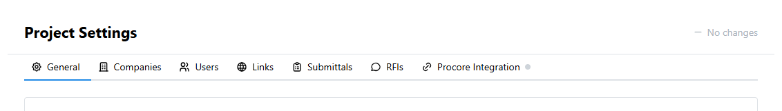 Project Settings tab bar — General, Companies, Users, Links, Submittals, RFIs, and Procore Integration