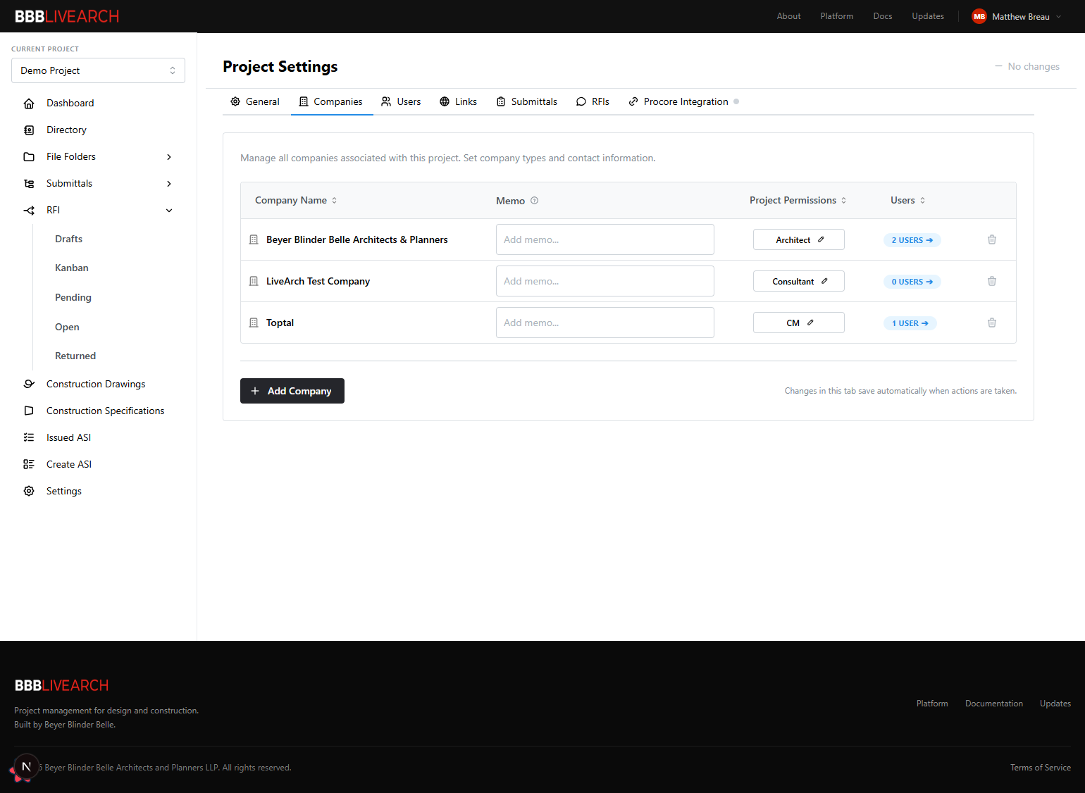 Project Settings — Companies tab