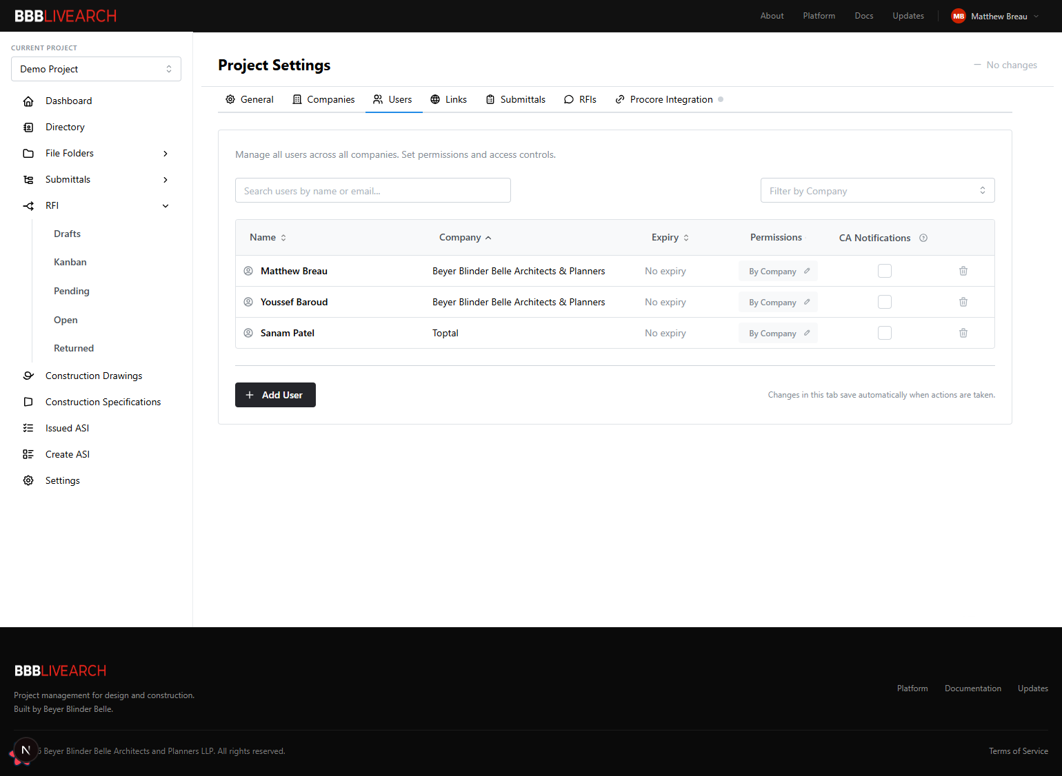 Project Settings — Users tab
