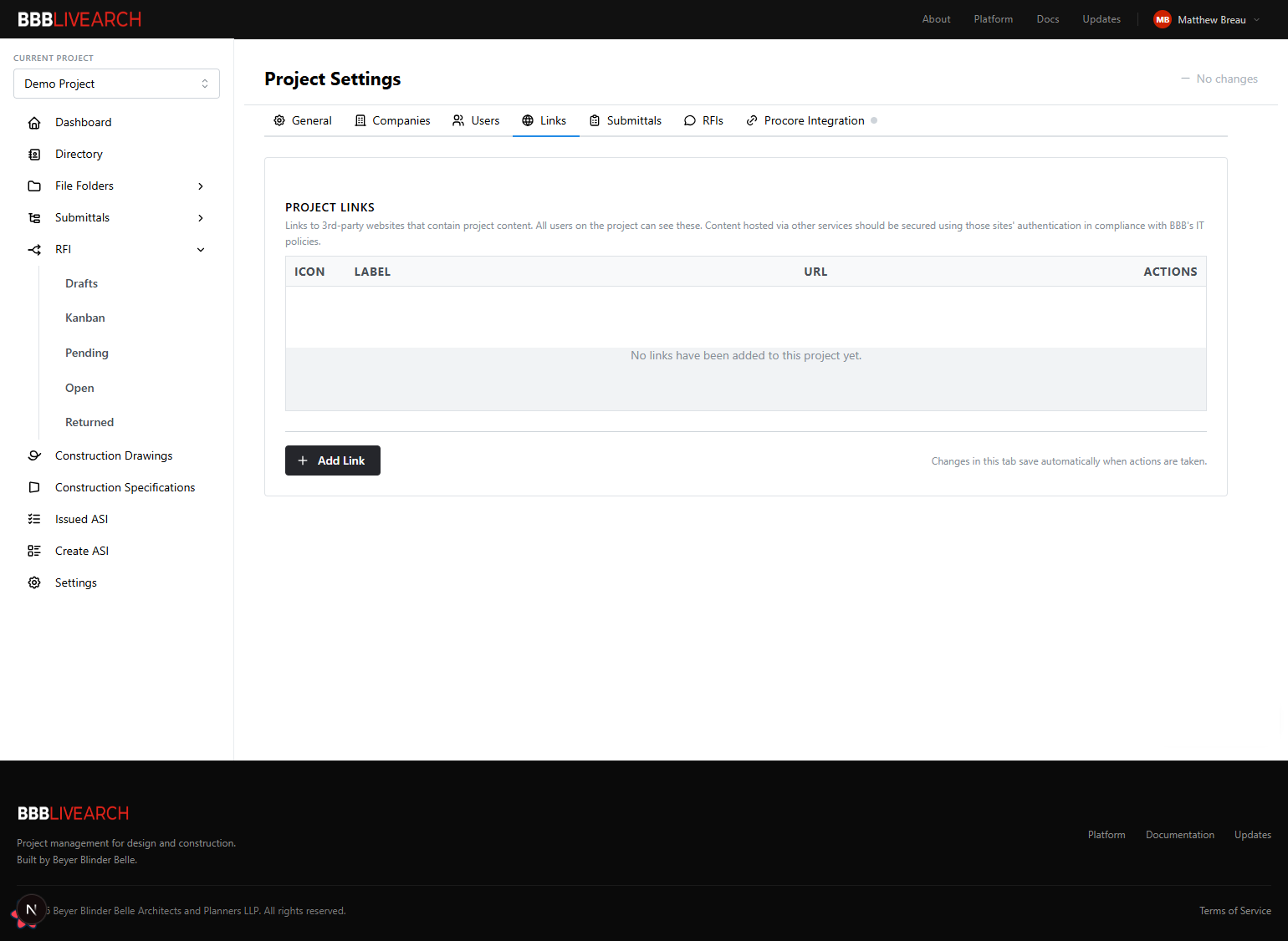 Project Settings — Links tab