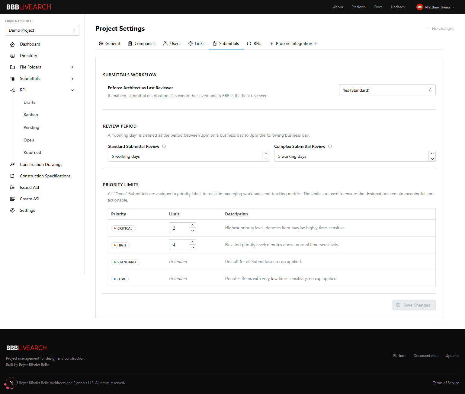 Project Settings — Submittals tab