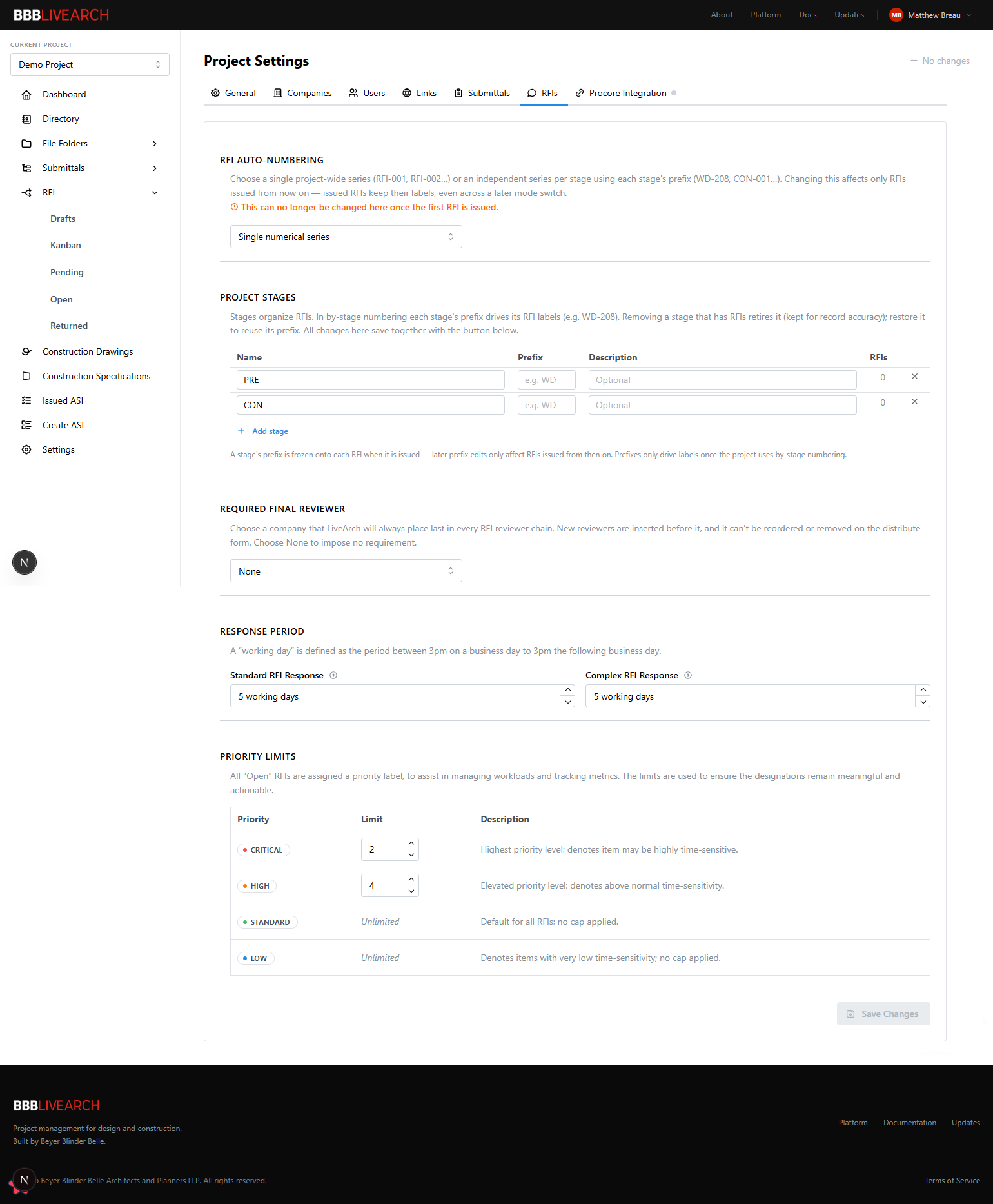 Project Settings — RFIs tab