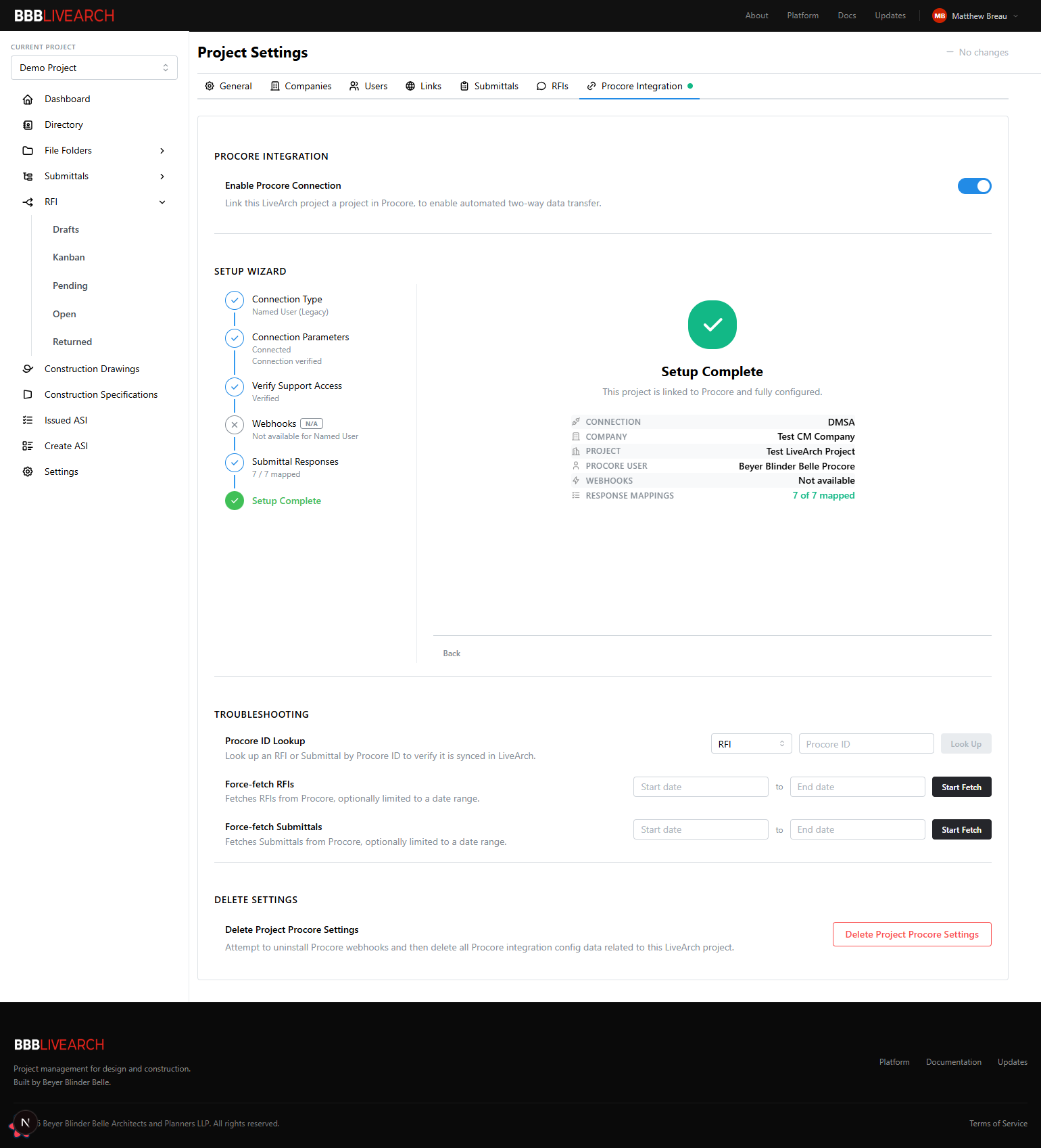 Project Settings — Procore Integration tab