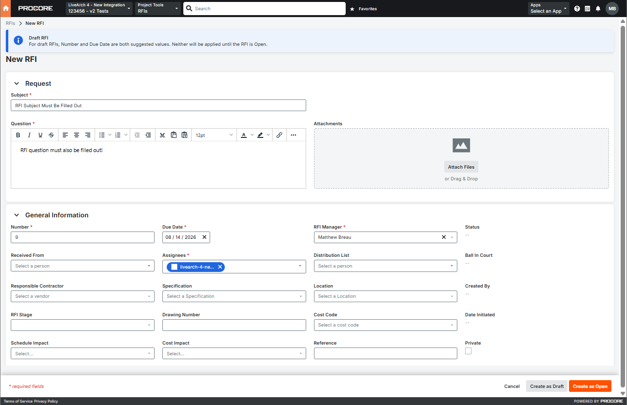 A Procore New RFI form with four callouts: the Assignees field set to the LiveArch Integration user, the required Subject and Question fields, the Attachments panel, and the Distribution List field marked as awareness-only