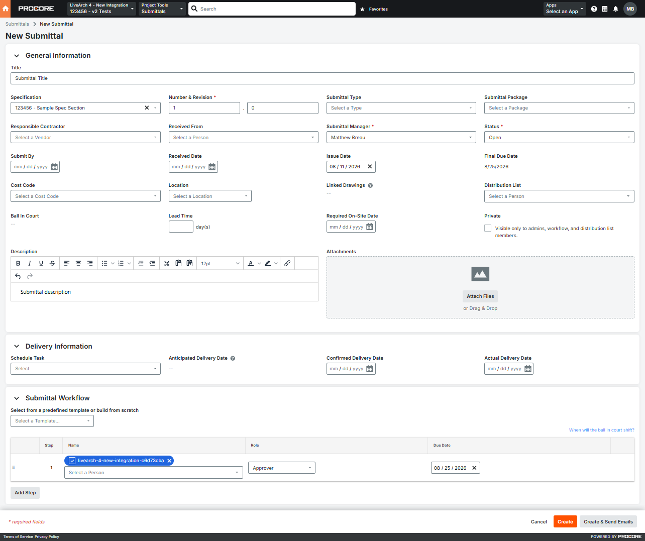 A Procore New Submittal form with four callouts: the Submittal Workflow row holding the LiveArch Integration user, the Specification and Number & Revision fields, the Attachments panel, and the Distribution List field marked as awareness-only